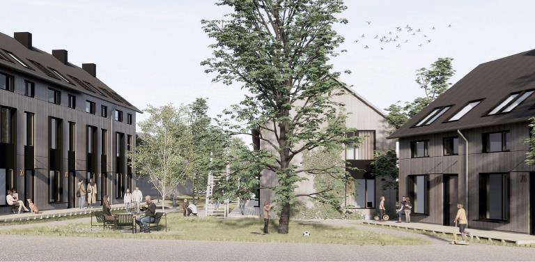 Visualisering af rækkehusprojektet i Langehøjen, Trekroner ved Roskilde.